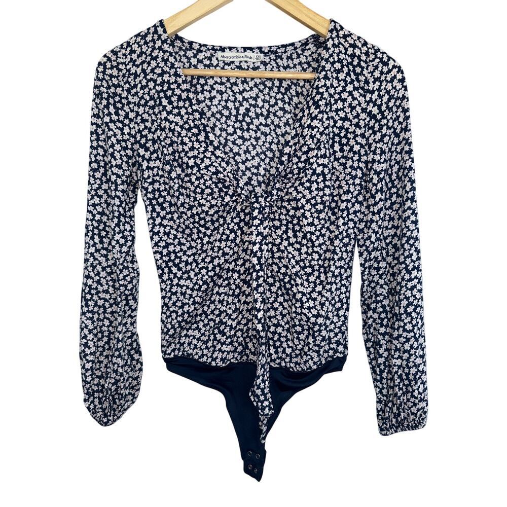 Abercrombie & Fitch Navy Blue White Floral V-Neck Bodysuit Top Womens Size XXS